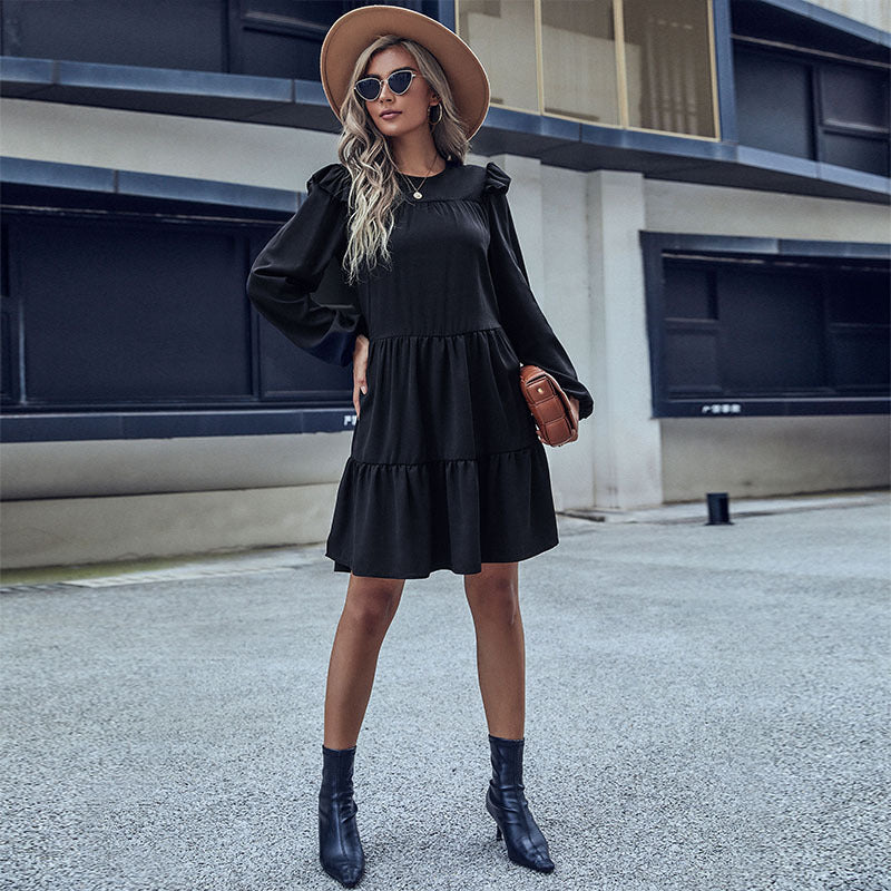 Damen A-Linien Stufenkleid mit langen Ärmeln und zarten Rüschen Shop Nory