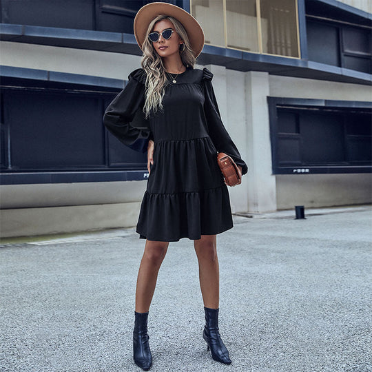 Damen A-Linien Stufenkleid mit langen Ärmeln und zarten Rüschen Shop Nory
