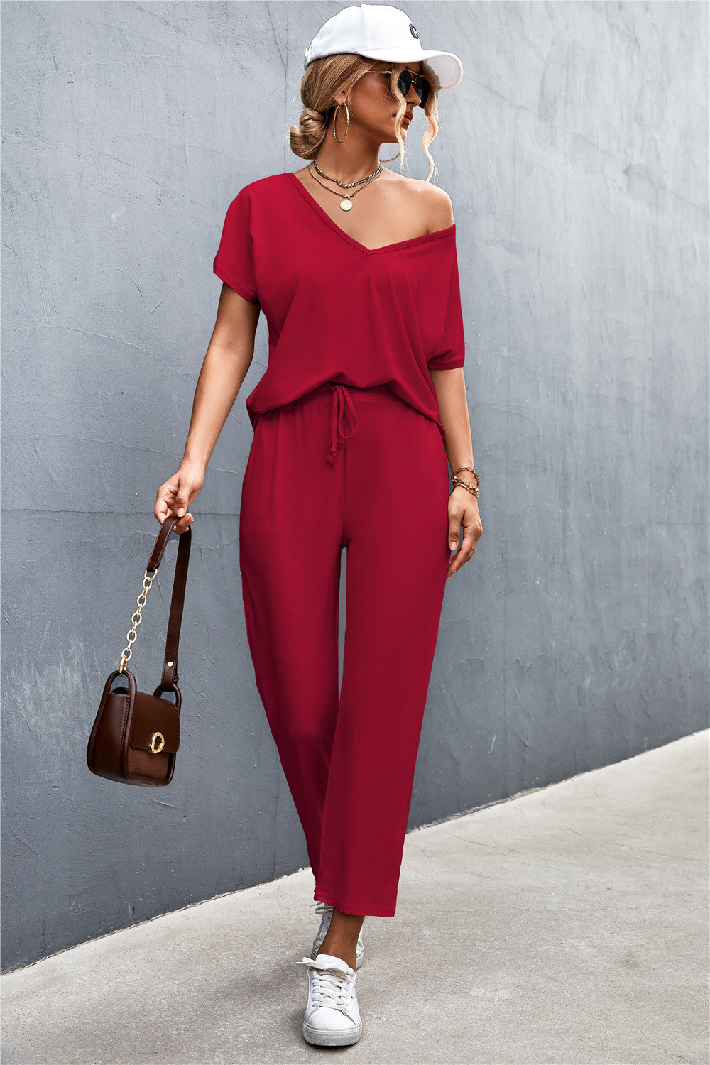 Damen Lounge-Set mit lässigem V-Ausschnitt und elastischen Bündchen Shopnory