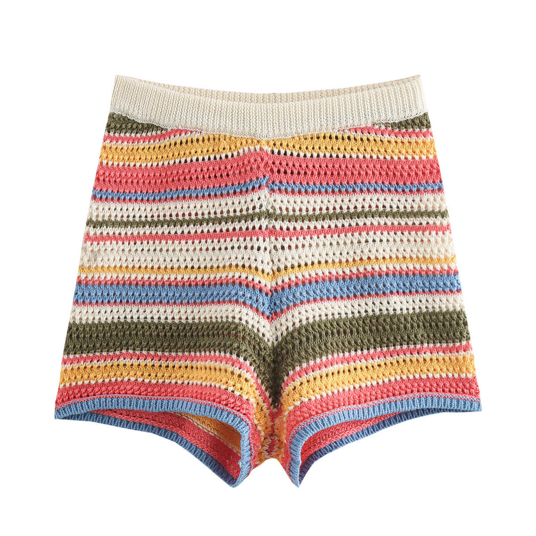 Damen luftige Strickshorts mit buntem Streifenmuster