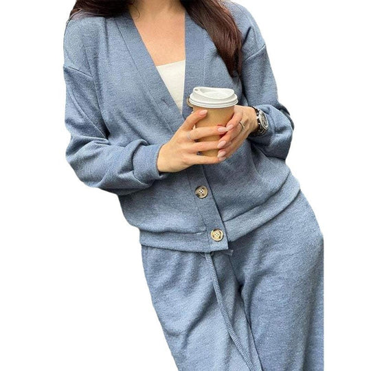 Damen Strick-Loungewear-Set mit V-Ausschnitt-Cardigan und weitem Kordelbund-Hose Shop Nory