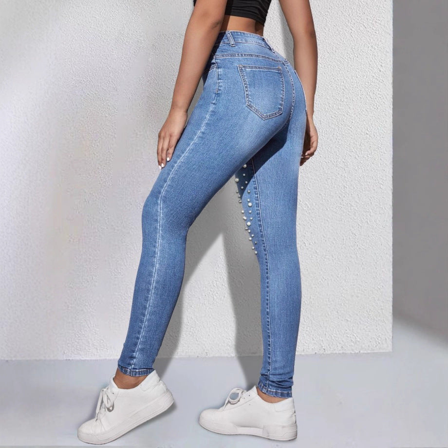 Damen Hochgeschnittene Sculpting-Skinny-Jeans mit asymmetrischem Perlenmuster Shop Nory