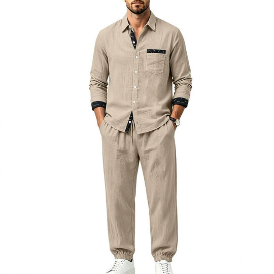 Herren Leichter Baumwoll-Loungewear-Zweiteiler mit Hemd und Kordel-Jogger Shop Nory