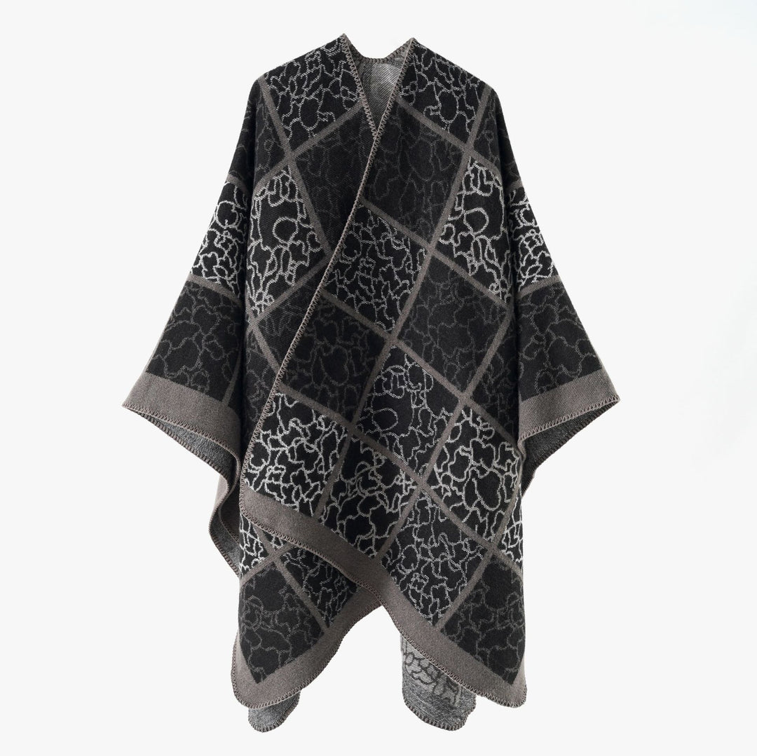 Damen Cape‑Überwurf aus Wollmix mit grafischem Karo‑Jacquard und offener Kimono‑Silhouette Shop Nory