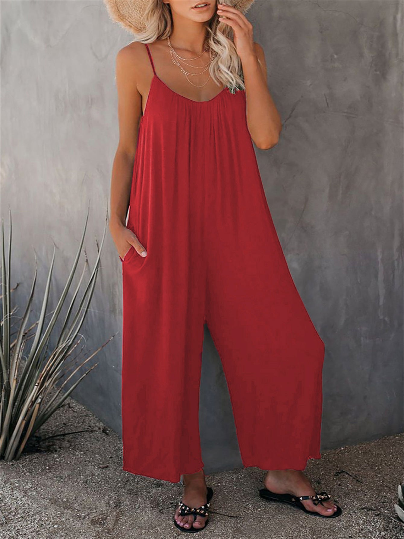 Damen Lässiger Sommer-Jumpsuit mit tiefem Ausschnitt und praktischen Taschen