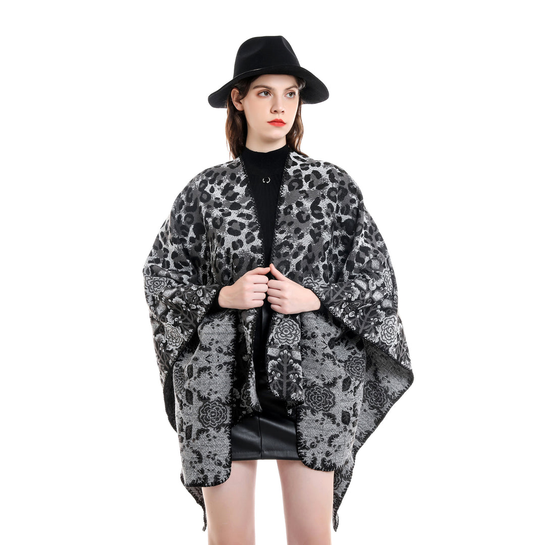 Damen Jacquard-Überwurfponcho im kastigen Kimono-Fall mit floral-animalischem Muster Shop Nory