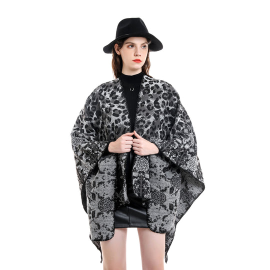 Damen Jacquard-Überwurfponcho im kastigen Kimono-Fall mit floral-animalischem Muster Shop Nory