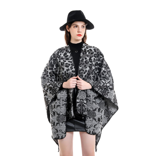 Damen Jacquard-Überwurfponcho im kastigen Kimono-Fall mit floral-animalischem Muster Shop Nory