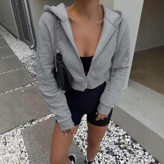 Damen Kurz geschnittene Kapuzenjacke mit Reißverschluss, voluminösen Ärmeln und schmalem Bund Shop Nory