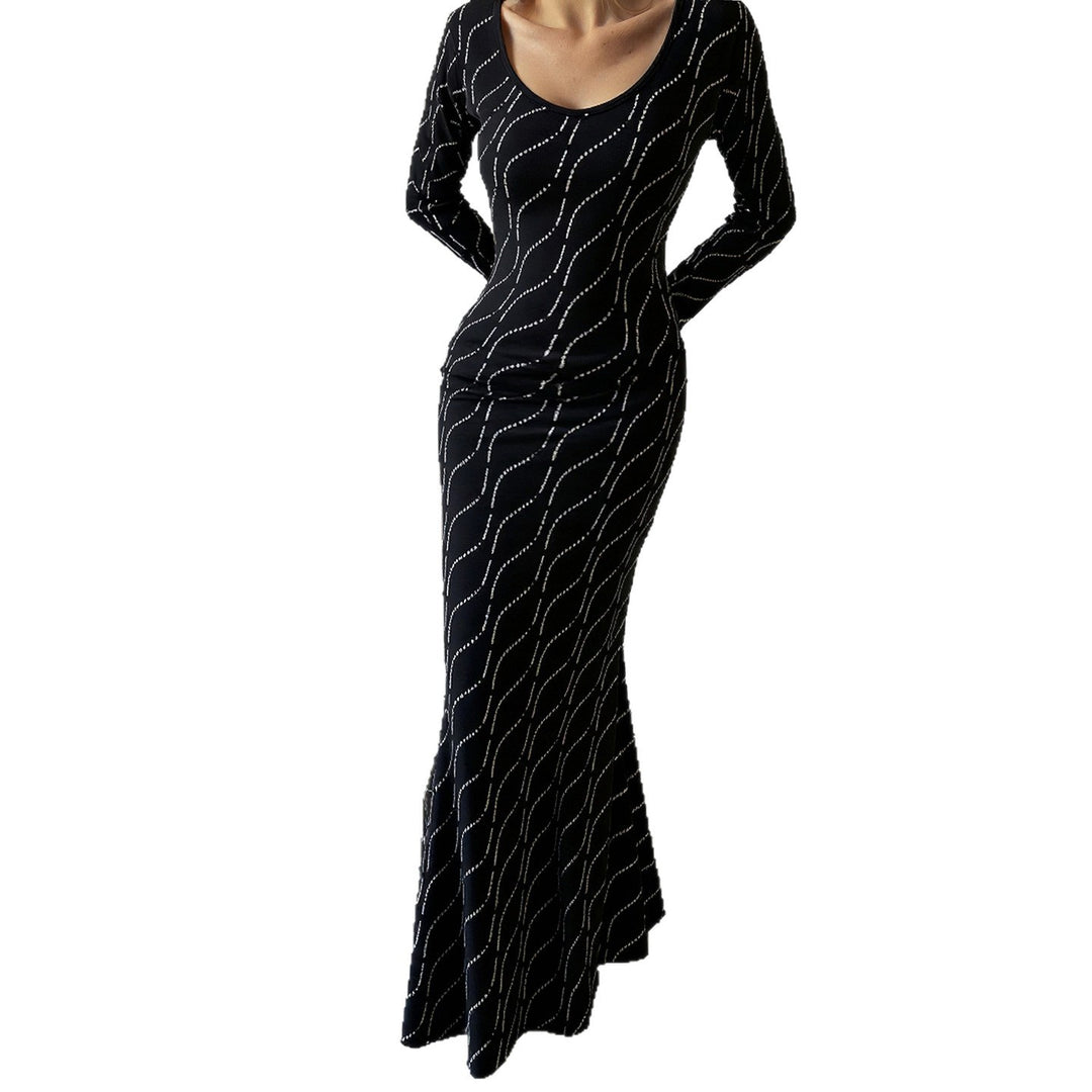 Damen nan langärmeliges Bodycon-Mermaid-Abendkleid mit Wellen-Strassbesatz Shop Nory