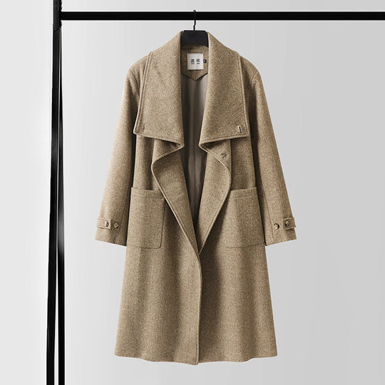 Damen Eleganter langer Wollmix-Cocoon-Mantel mit überlappendem Schalkragen und aufgesetzten Taschen Shop Nory