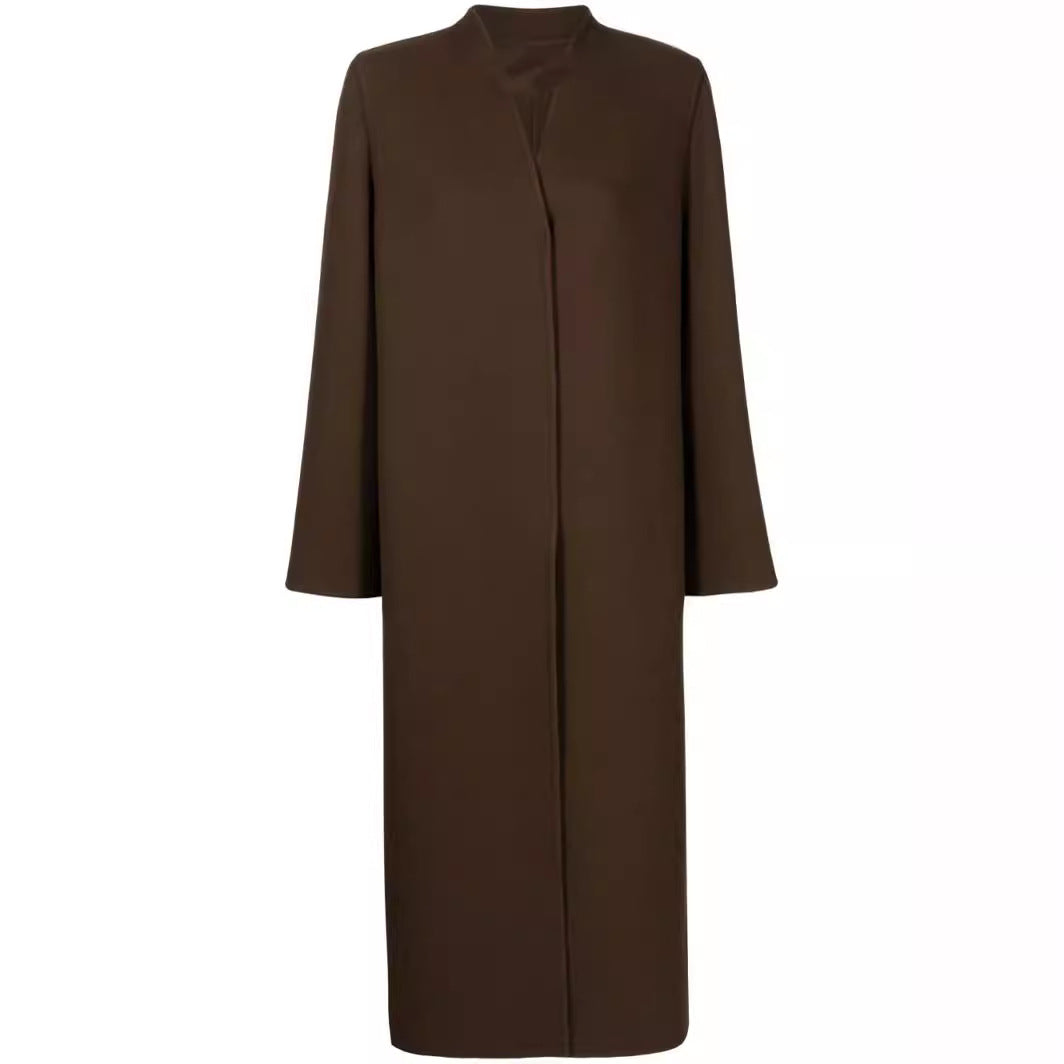 Damen Maxilanger minimalistischer Mantel mit verdeckter Front und kastiger Schulter Shop Nory