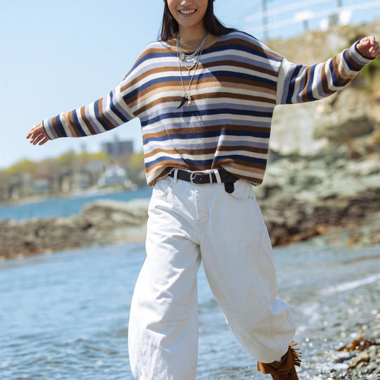 Damen Gestreifter Strickpullover mit Polokragen & Knopfleiste Shop Nory