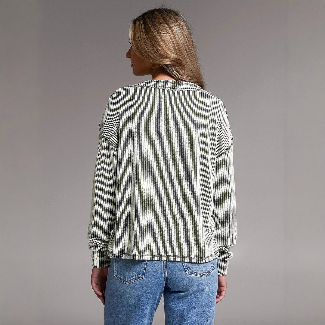 Damen Gestreiftes Feinstrick-Longsleeve mit V-Ausschnitt und dekorativen Kanten Shop Nory