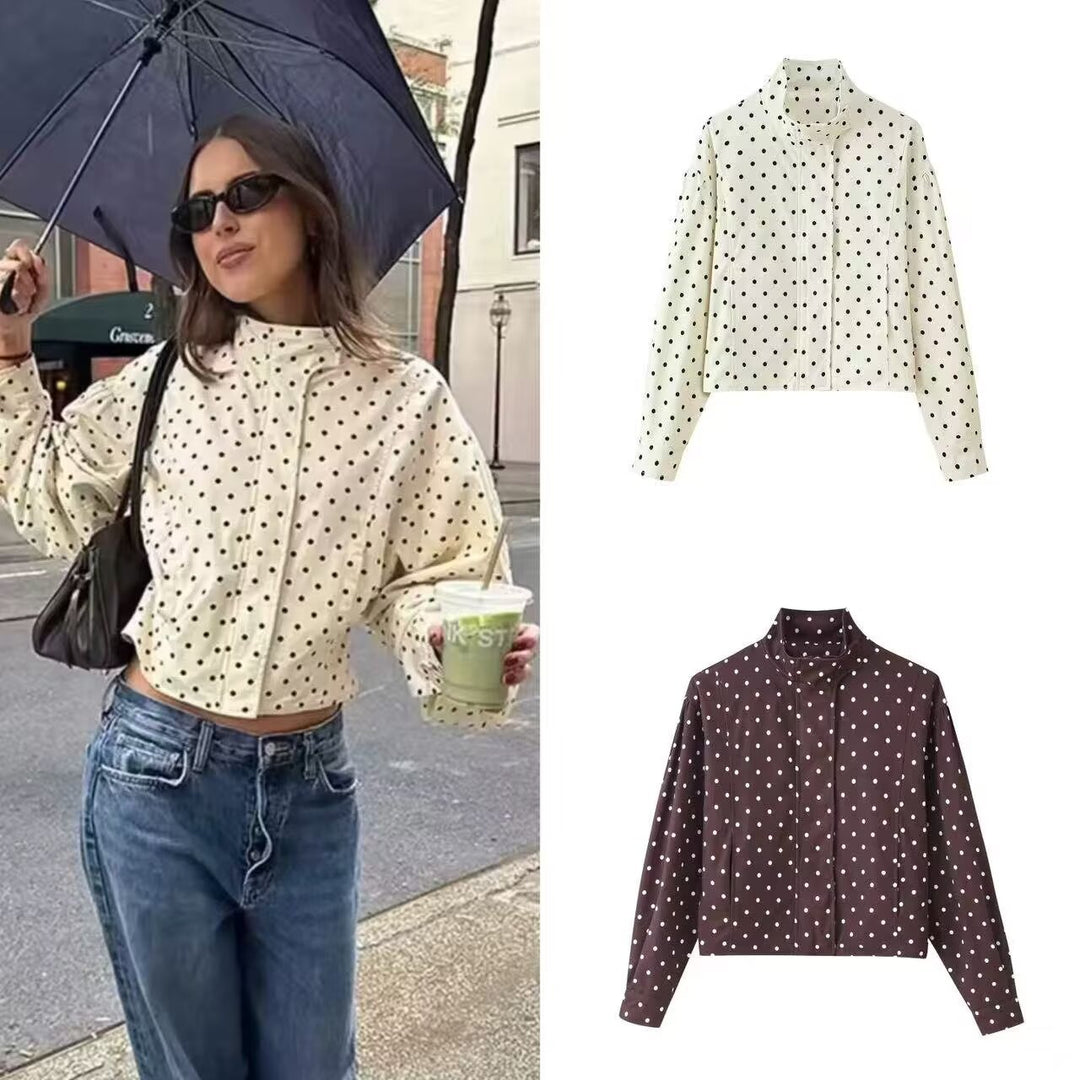 Damen Gepunktete Kurzjacke mit Stehkragen und verdeckter Druckknopfleiste Shop Nory