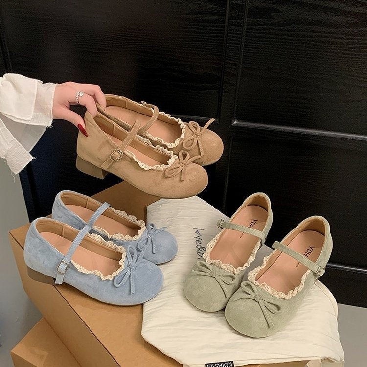 Damen elegante Mary Jane Ballerinas mit dekorativem Spitzenrand und Schleifenakzent