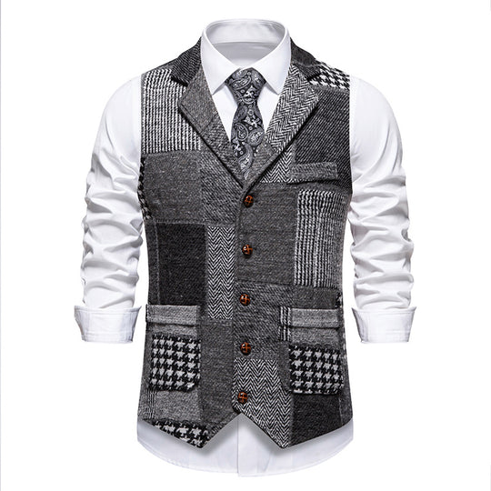 Herren Patchwork-Tweed-Weste mit Reverskragen und Pattentaschen Shop Nory