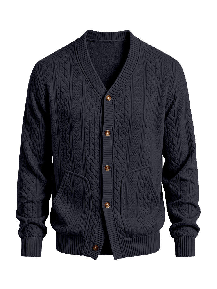 Herren Gestrickte Strickjacke mit Zopfmuster, V‑Ausschnitt und aufgesetzten Taschen Shop Nory