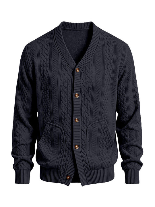 Herren Gestrickte Strickjacke mit Zopfmuster, V‑Ausschnitt und aufgesetzten Taschen Shop Nory