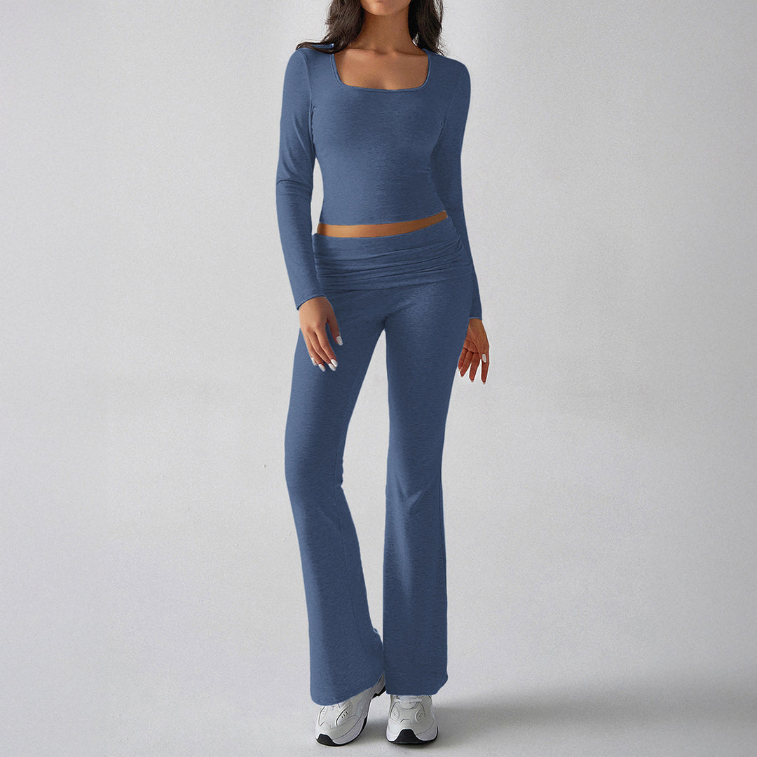 Damen nan figurbetontes Cropped-Set mit langärmeligem Top mit quadratischem Ausschnitt und ausgestellter High‑Waist Yoga-Hose Shop Nory