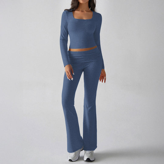 Damen nan figurbetontes Cropped-Set mit langärmeligem Top mit quadratischem Ausschnitt und ausgestellter High‑Waist Yoga-Hose Shop Nory