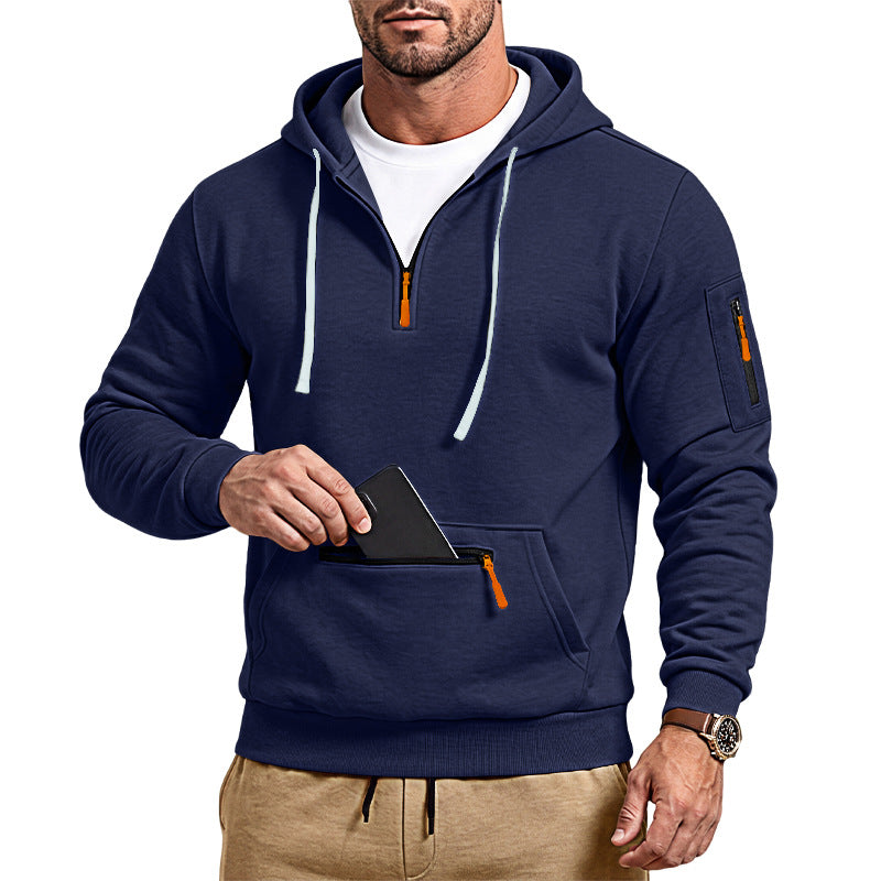 Herren sportlicher Kapuzenpullover mit halbem Reißverschluss und verschließbarer Kängurutasche Shop Nory
