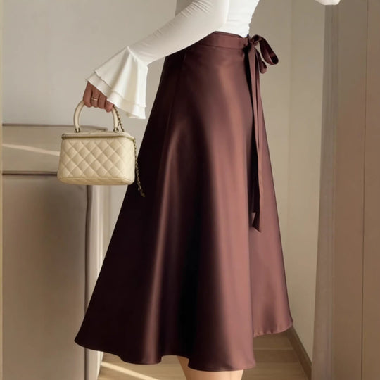 Damen Hochtaillierter A-Linien Midirock mit Bindegürtel und Satin-Finish Shop Nory