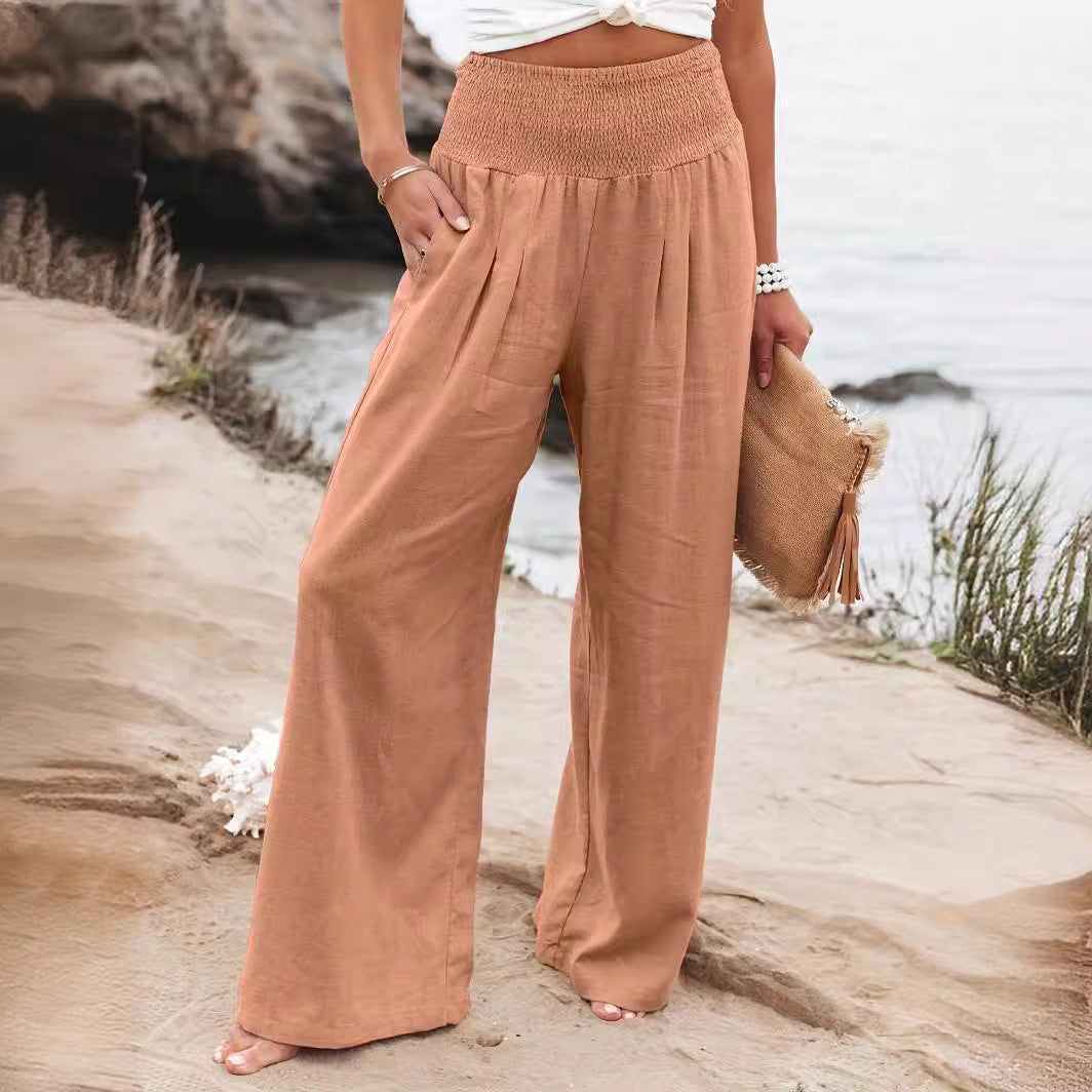 Damen weite Leinenhose mit elastischem Bund