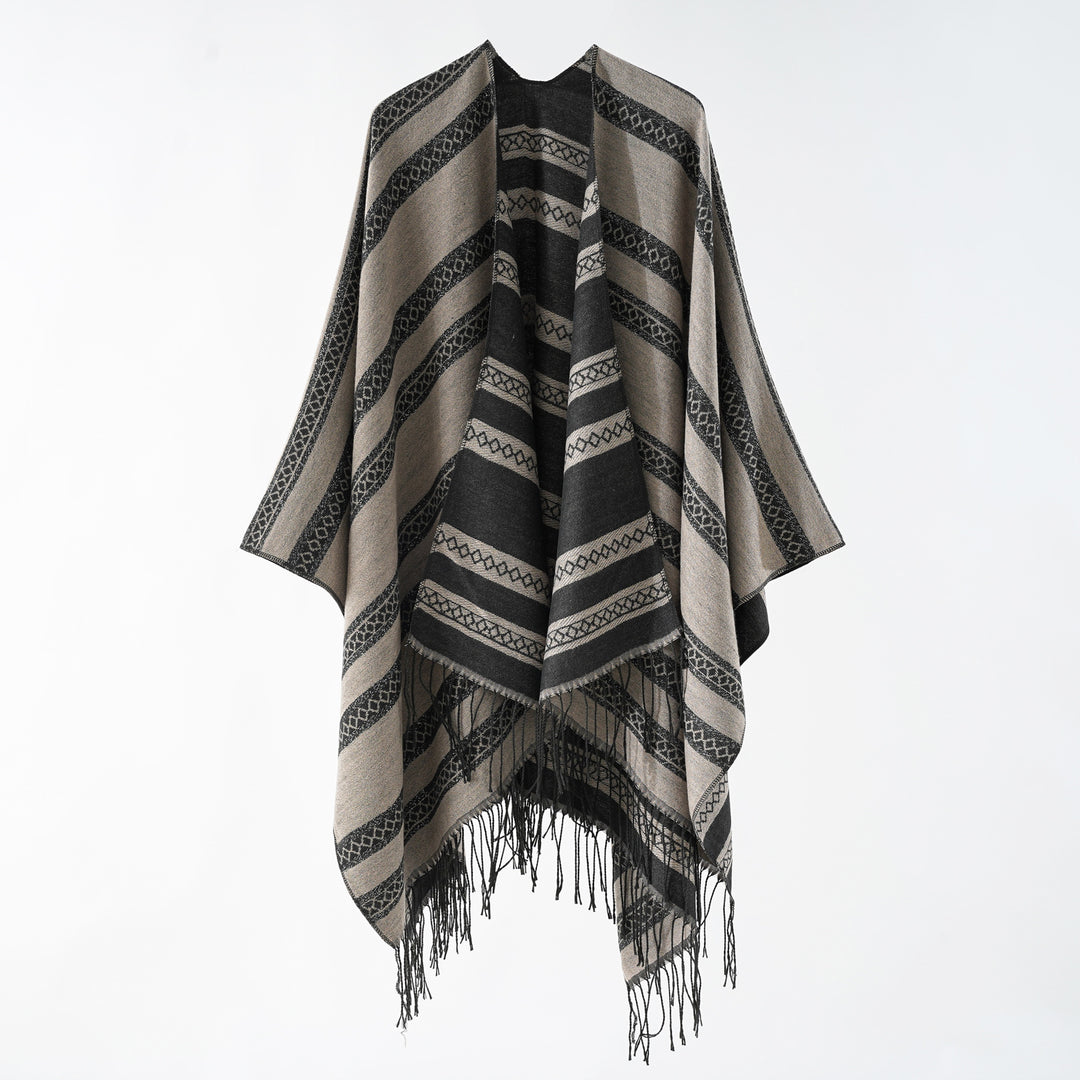 Damen Langer Webponcho im Cape-Stil mit Streifen-Jacquard und Fransen Shop Nory