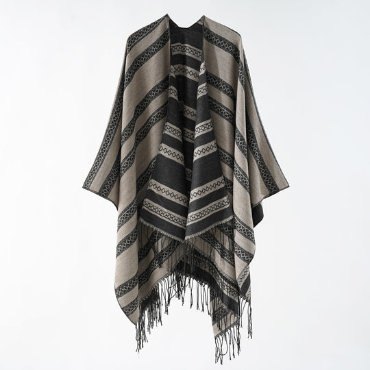 Damen Langer Webponcho im Cape-Stil mit Streifen-Jacquard und Fransen Shop Nory