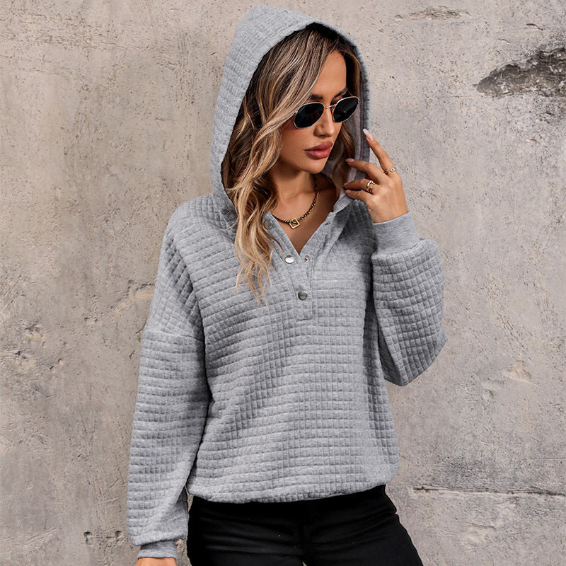 Damen Gestepptes Waffelstrick-Henley-Hoodie mit Druckknopfleiste Shop Nory