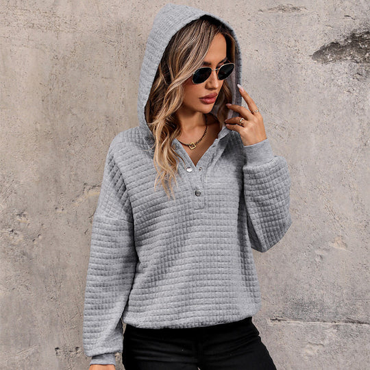 Damen Gestepptes Waffelstrick-Henley-Hoodie mit Druckknopfleiste Shop Nory
