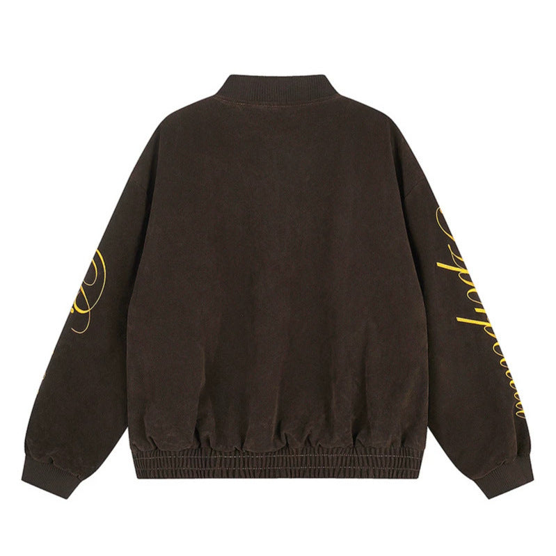 Damen Oversize-Bomberjacke im Velours-Look mit Script-Ärmeln und Metallnieten Shop Nory