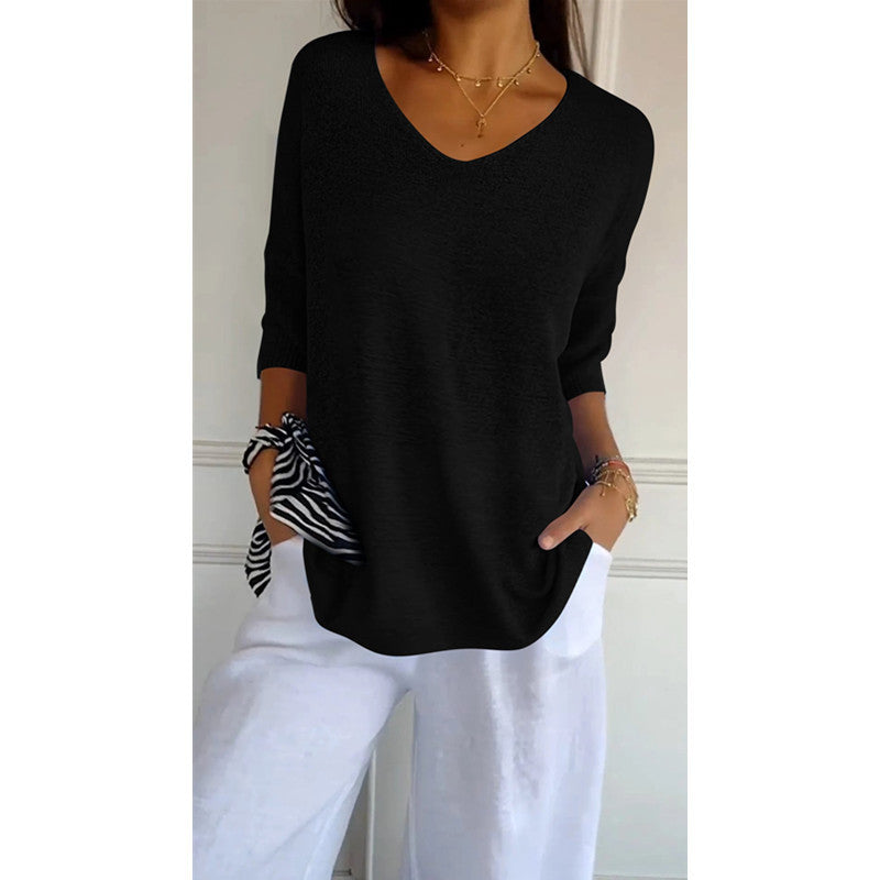 Damen nan locker sitzender V-Ausschnitt Feinstrickpullover mit dreiviertelÄrmeln Shop Nory