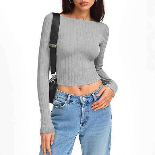 Damen Tailliertes Ripp-Cropped-Longsleeve mit U-Boot-Ausschnitt und Stretch-Baumwollmix Shop Nory