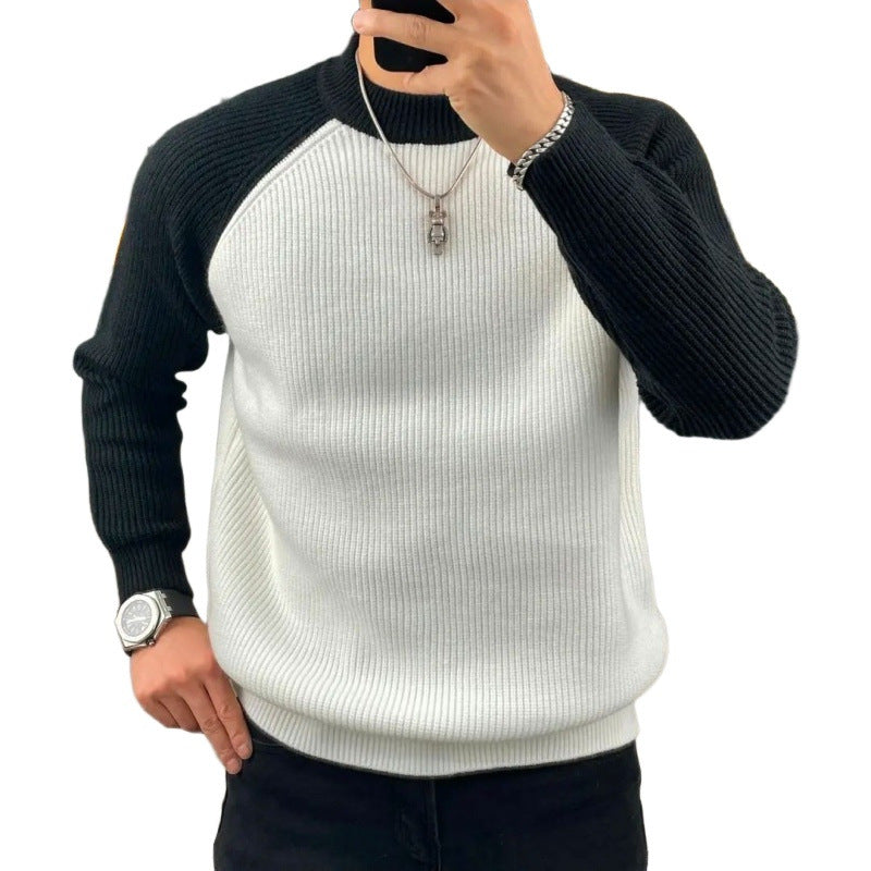 Herren Gerippter Raglan-Pullover mit Kontrastärmeln und kurzem Stehkragen Shop Nory