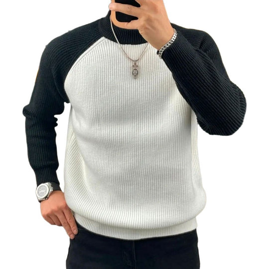 Herren Gerippter Raglan-Pullover mit Kontrastärmeln und kurzem Stehkragen Shop Nory
