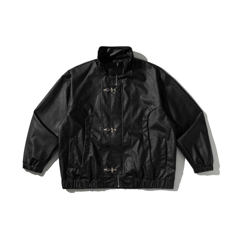 Unisex Boxy-Kurzjacke aus veganem Leder mit hohem Kragen, Knebel-Front und elastischem Saum Shop Nory