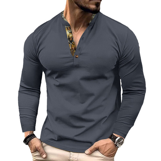 Herren nan langärmeliges Henley-Shirt mit Stehkragen und gemustertem Knopfleistenbesatz Shop Nory