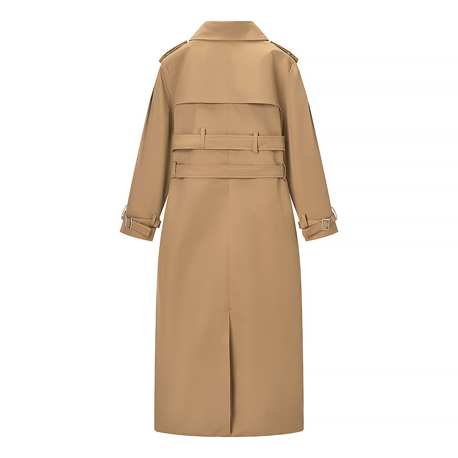 Damen Langer doppelreihiger Trenchcoat mit tailliertem Doppelgürtel, Ballonärmeln und Epauletten Shop Nory