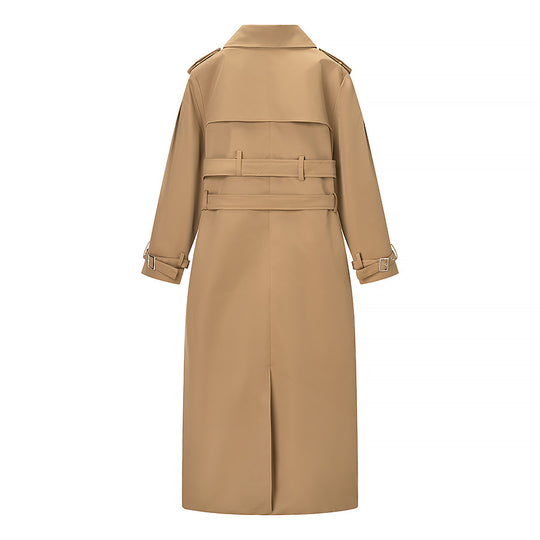 Damen Langer doppelreihiger Trenchcoat mit tailliertem Doppelgürtel, Ballonärmeln und Epauletten Shop Nory