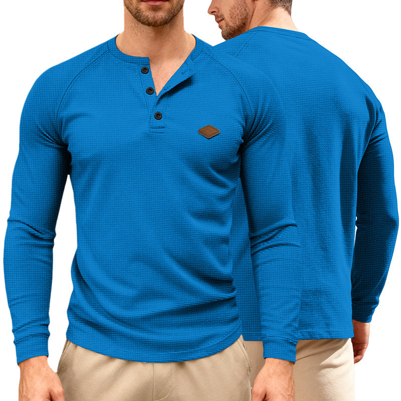 Herren nan Waffelstrick-Henley Langarmshirt mit Raglanärmeln, Halbknopfleiste und Lederlabel Shopnory