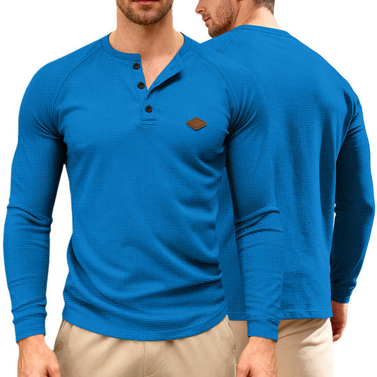 Herren nan Waffelstrick-Henley Langarmshirt mit Raglanärmeln, Halbknopfleiste und Lederlabel Shopnory