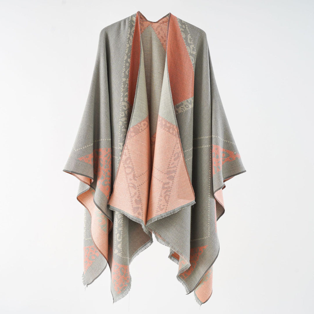 Damen Oversize Cape-Überwurf mit jacquardgewebten Patchmotiven und Fransensaum Shop Nory