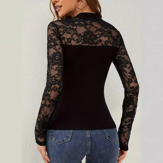 Damen Elegantes Longsleeve-Oberteil mit romantischer Spitze