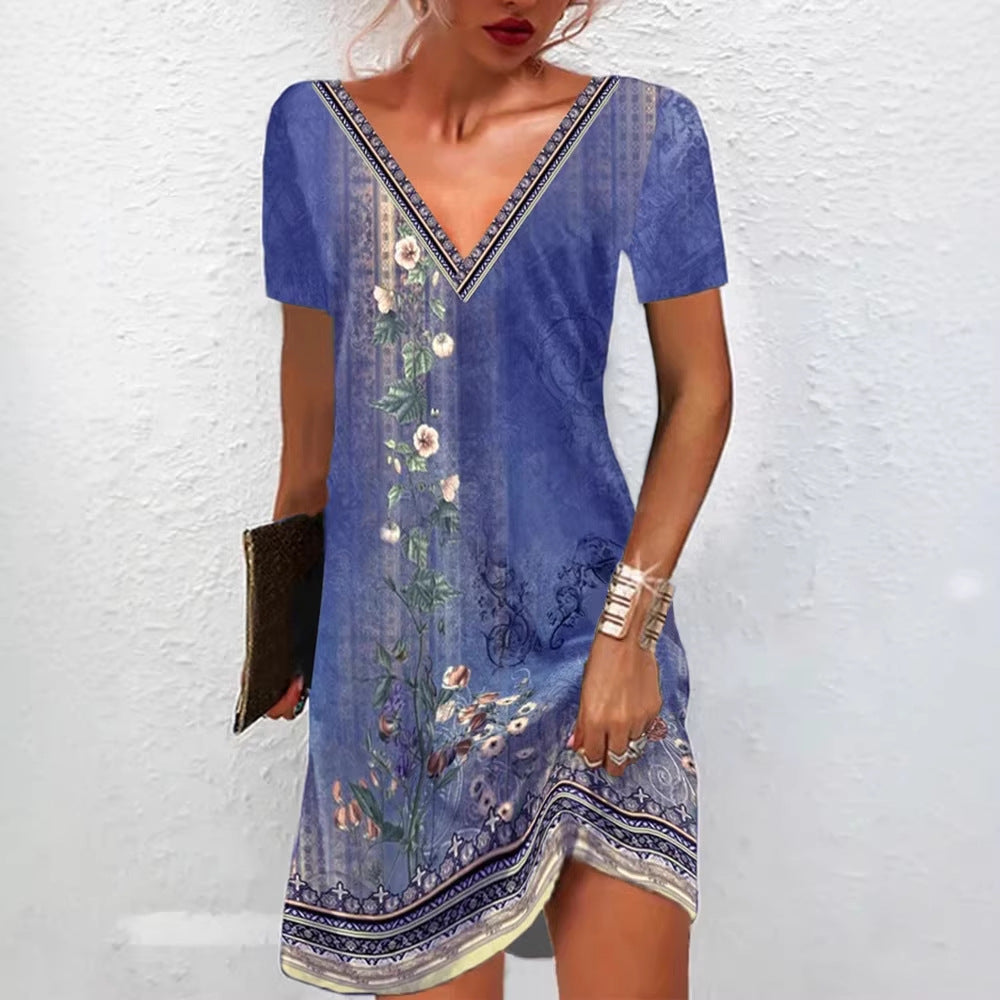 Frauen Floral V-Ausschnitt Tunika Kleid mit Border Print und langen Ärmeln Shop Nory