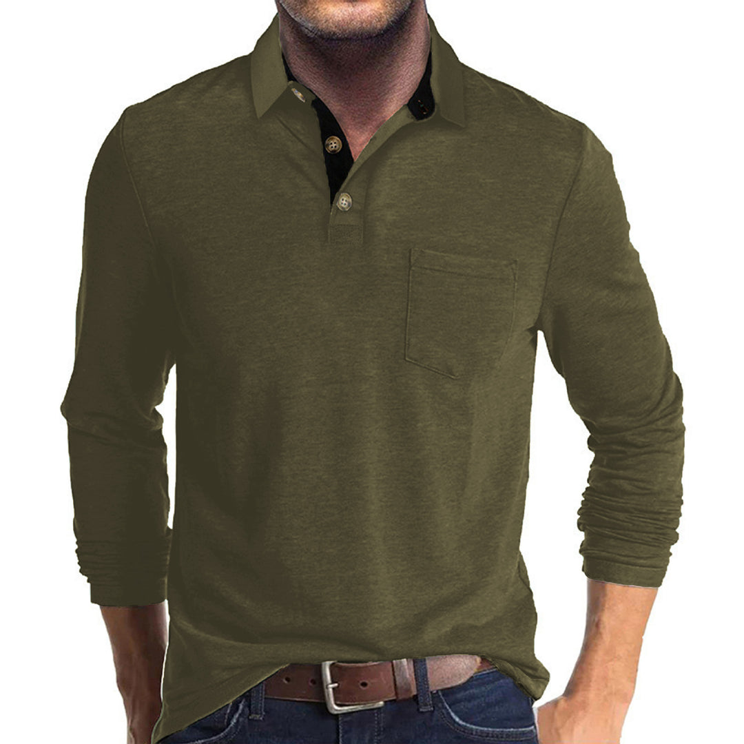 Herren langärmliges Polohemd mit Brusttasche, Kontrastknopfleiste und legerer Stretch-Passform Shop Nory