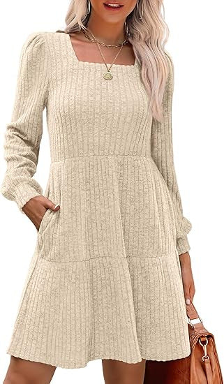Damen Gestricktes A‑Linien‑Minikleid mit quadratischem Ausschnitt, Stufenrock und Eingrifftaschen Shop Nory