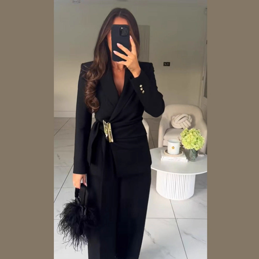 Damen Taillierter Wickel-Blazer mit Zier-Metallschließe & High‑Waist Palazzo‑Hose Shop Nory