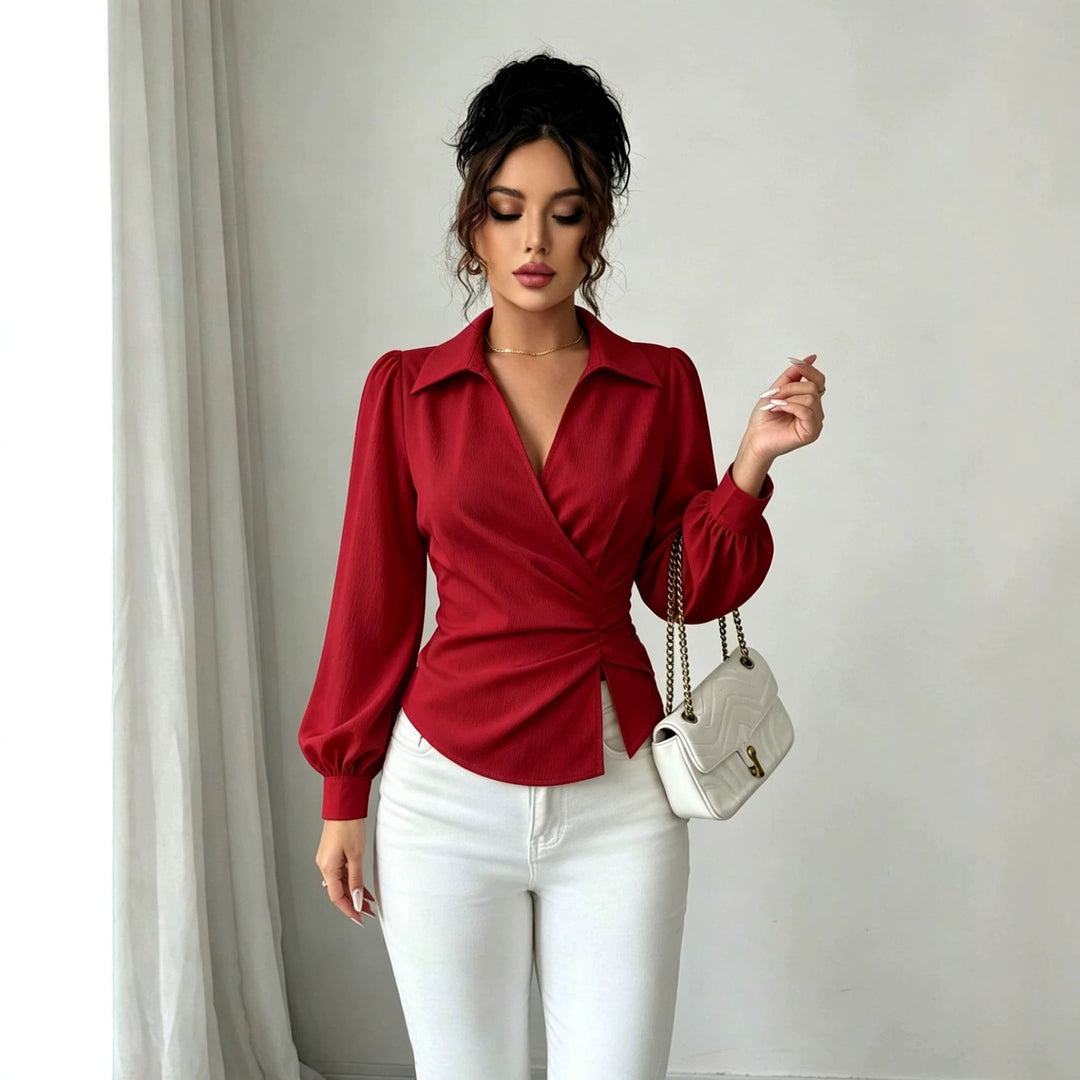 Damen Wickelbluse mit Taillenraffung, Hemdkragen und Ballonärmeln Shop Nory